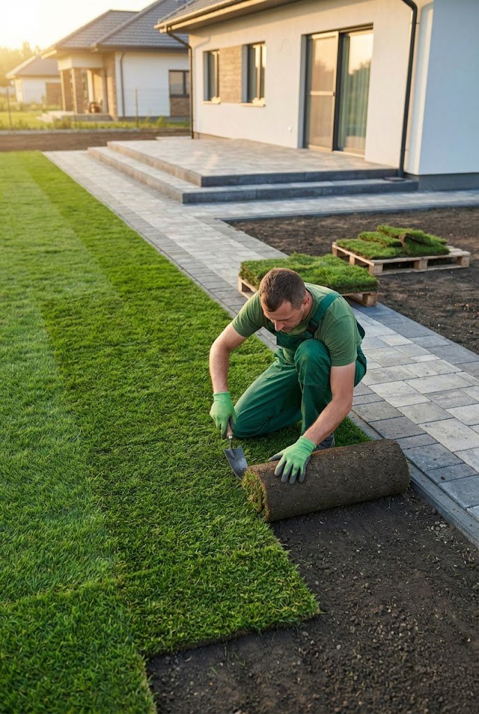Montaż trawy z rolki przy budynku jednorodzinnym